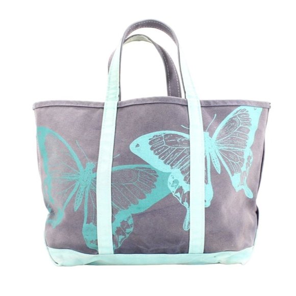 L.L. Bean Handbags - Vintage LL Bean Boat & Tote Canvas Butterfly Print Bag Navy Teal Rare USA Made
